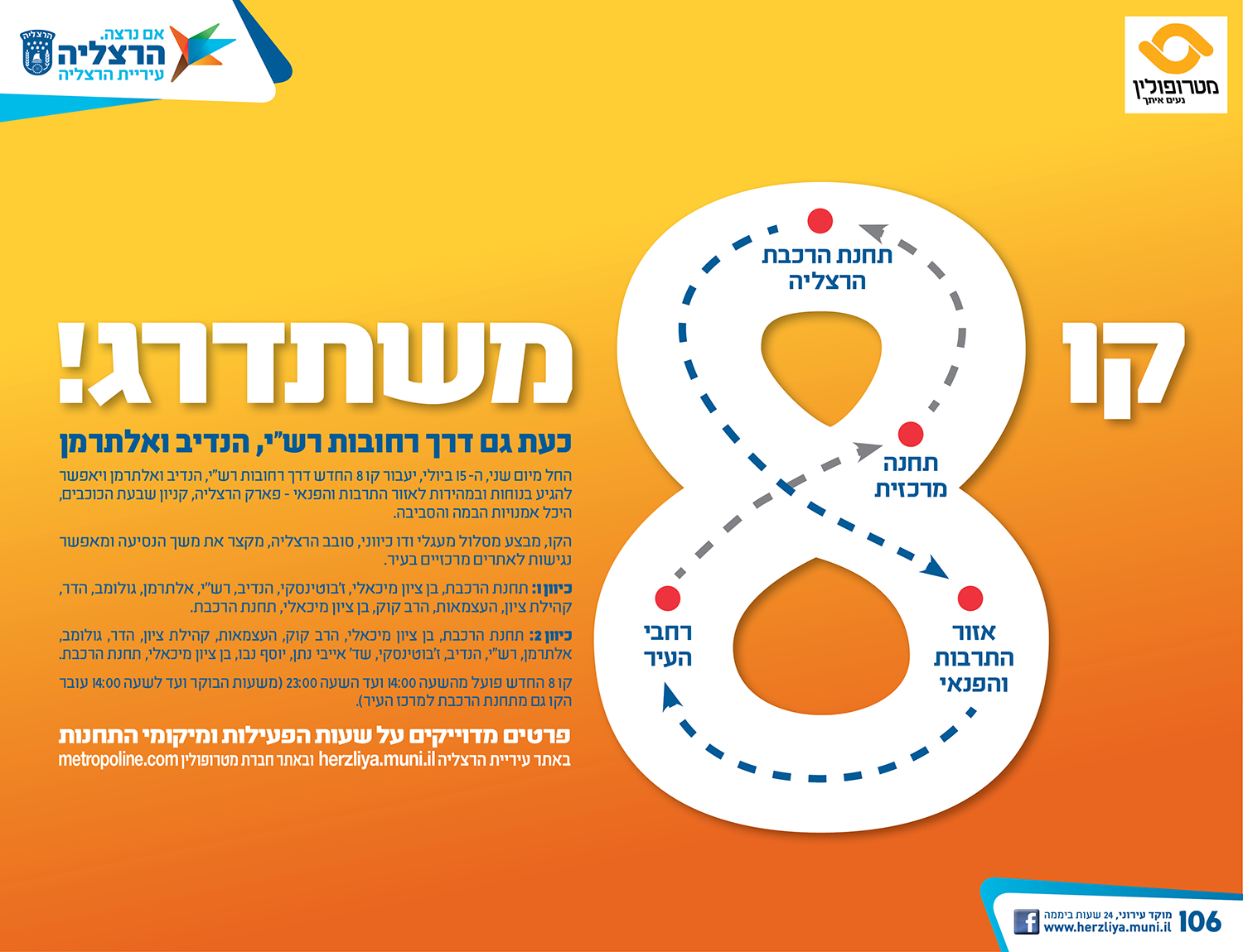 מודעת עיריית הרצליה ומטרופולין: תרשים בצורת הספרה 8 עם תחנות קו האוטובוס החדש והכותרת ״קו 8 משתדרג!״